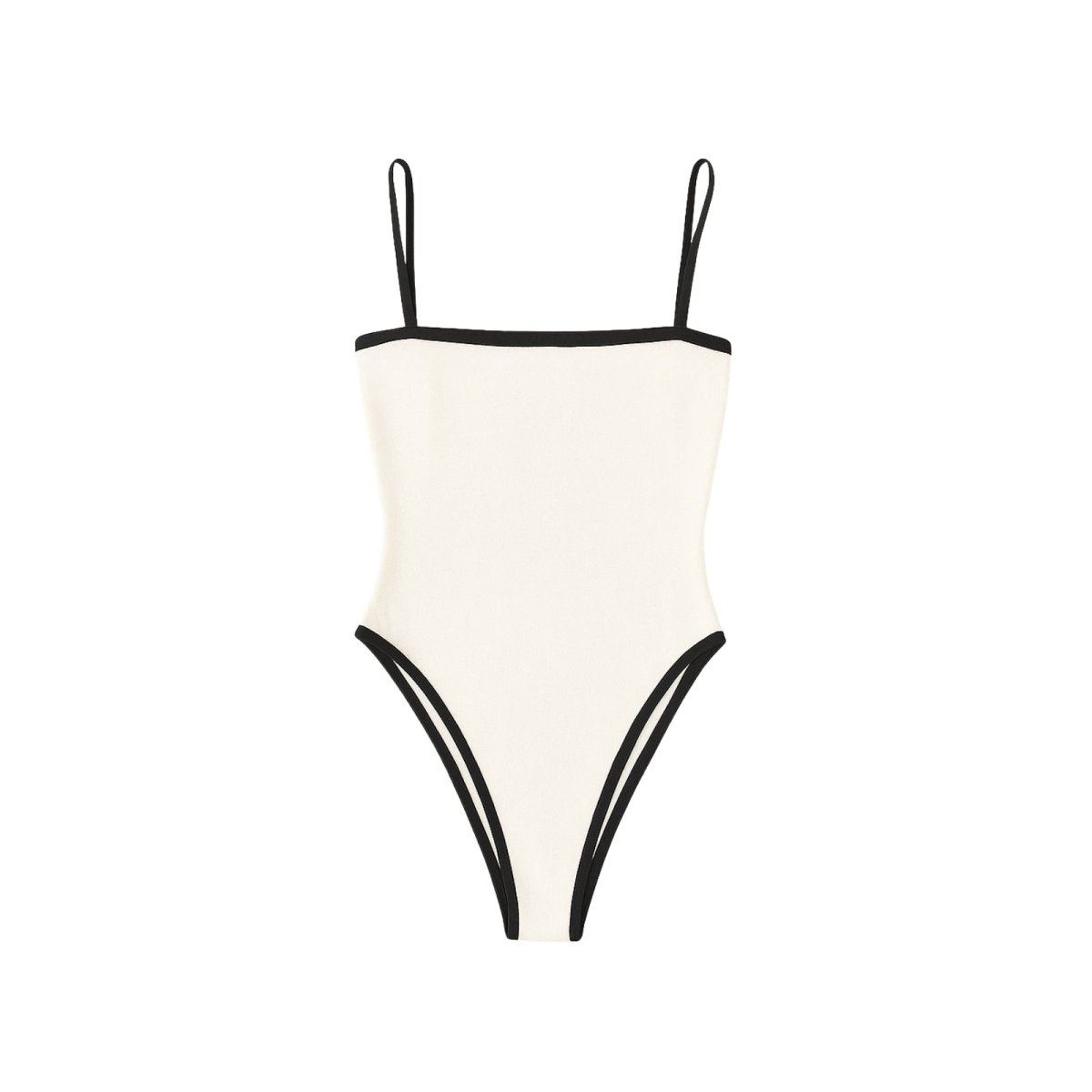 White Kouvr swimsuit with black straps on a white background