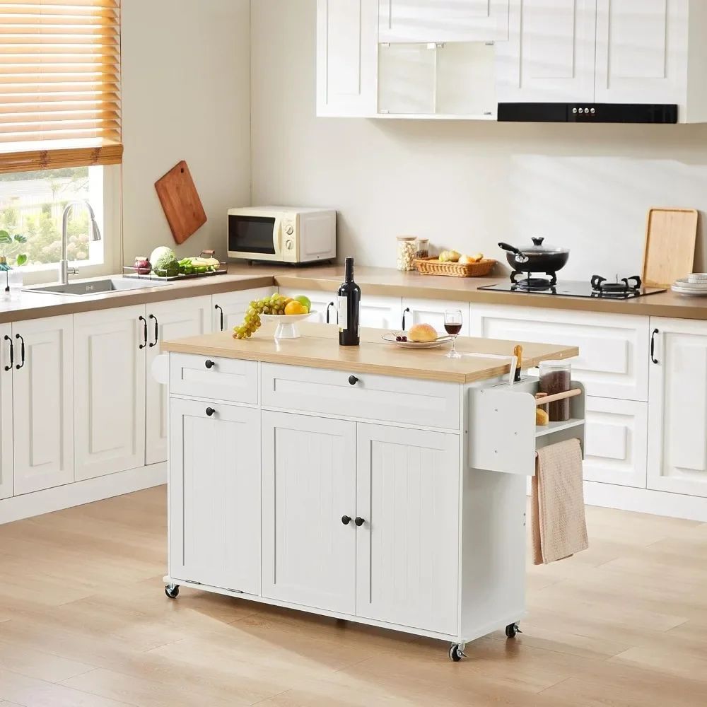 Kouvr white rolling kitchen island with solid wood drop-leaf countertop extended and side spice rack visible