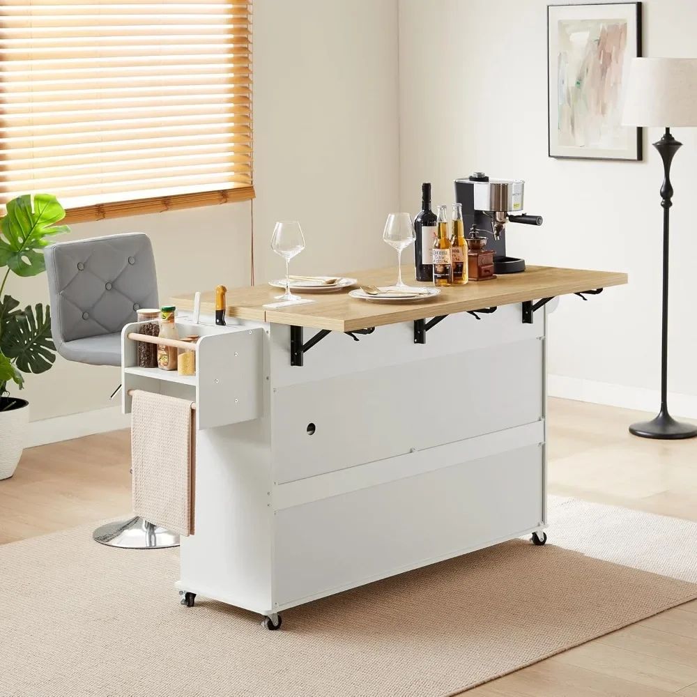 Kouvr white rolling kitchen island with solid wood drop-leaf countertop extended and side spice rack visible