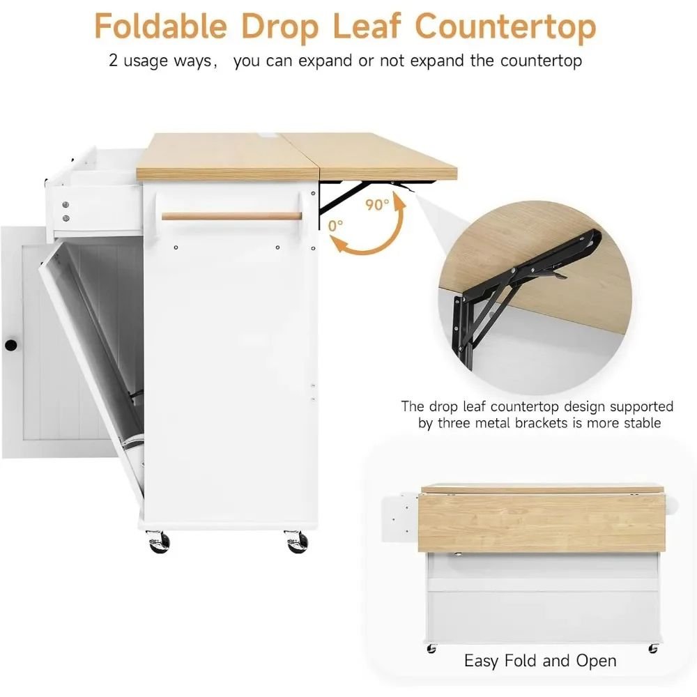 Kouvr white rolling kitchen island with solid wood drop-leaf countertop extended and side spice rack visible