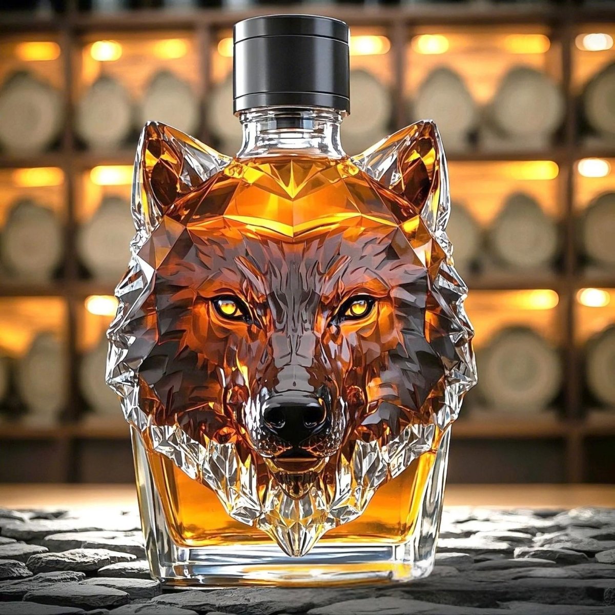 The Kouvr wolf decanter as a statement piece in a sophisticated bar setting, with bokeh lights and other bottles blurred in the background.