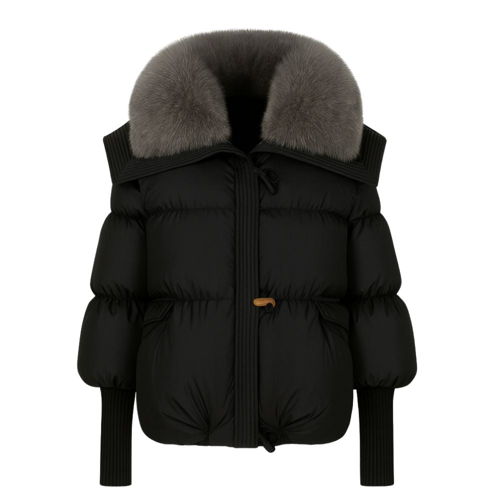 Black kouvr puffer jacket with fur hood on a white background