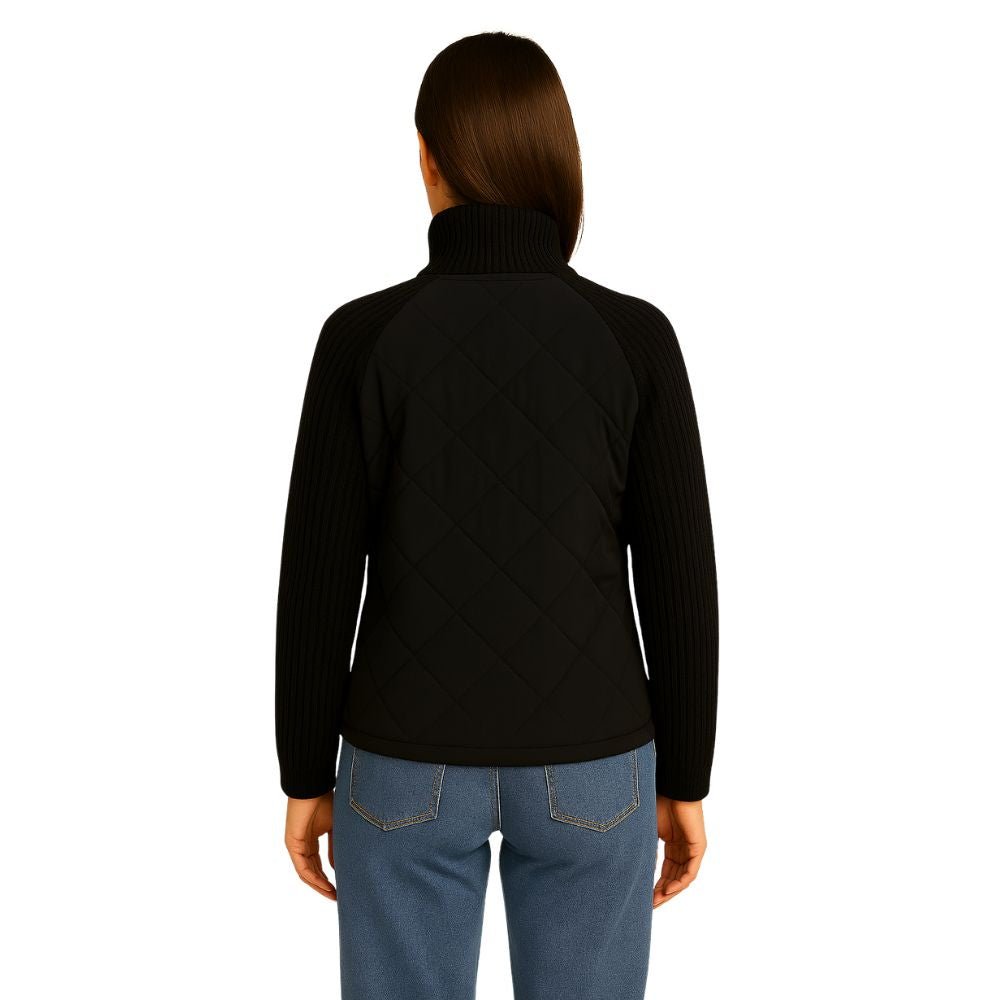 Back view of the black Mika hybrid jacket on a model, highlighting the diamond-quilted back panel and high knit collar.