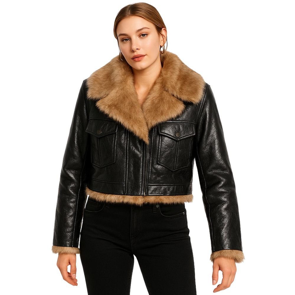 Woman wearing Kouvr Fashion black cropped faux leather aella jacket with brown faux shearling fur collar