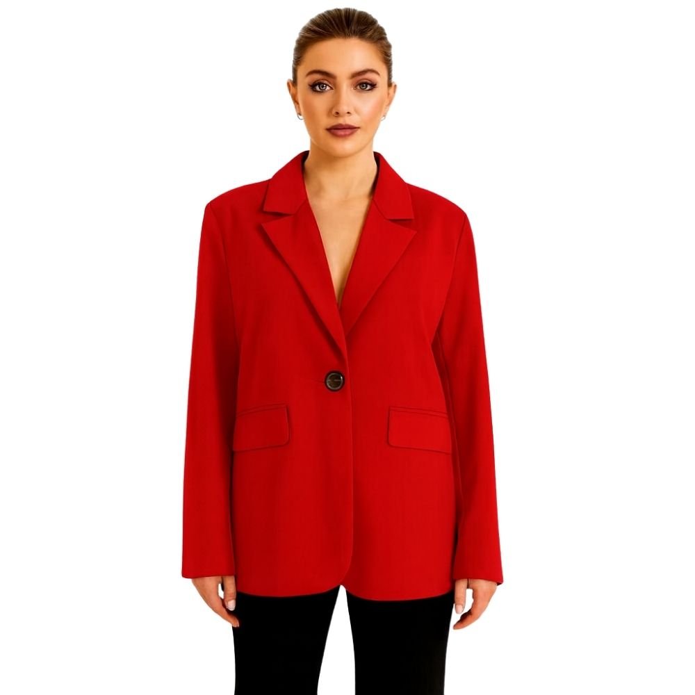 business casual outfit," "tailored fit jacket," "notched lapel blazer," "how to style a red blazer," and "statement jacket for women
