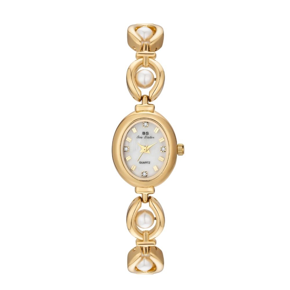 Kouvr Fashion Women's Gold Pearl Bracelet Watch on wrist