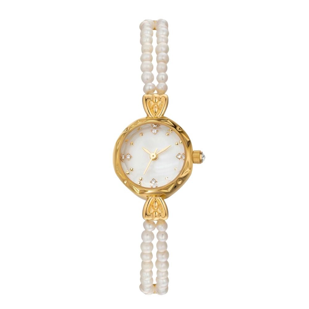 Kouvr women's elegant gold watch with a double strand real pearl bracelet and mother of pearl dial on wrist