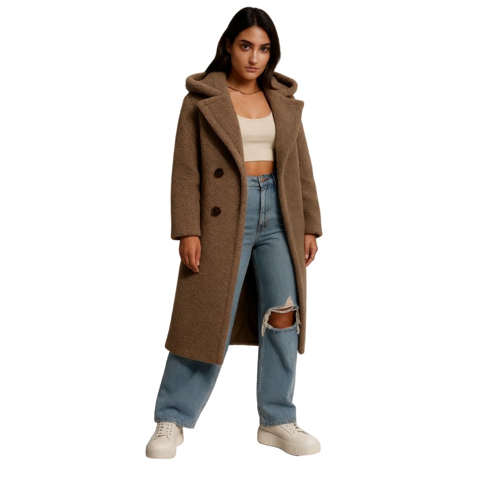 bouclé texture," "double-breasted tailoring," "investment outerwear," "fall essentials," and "longline silhouette