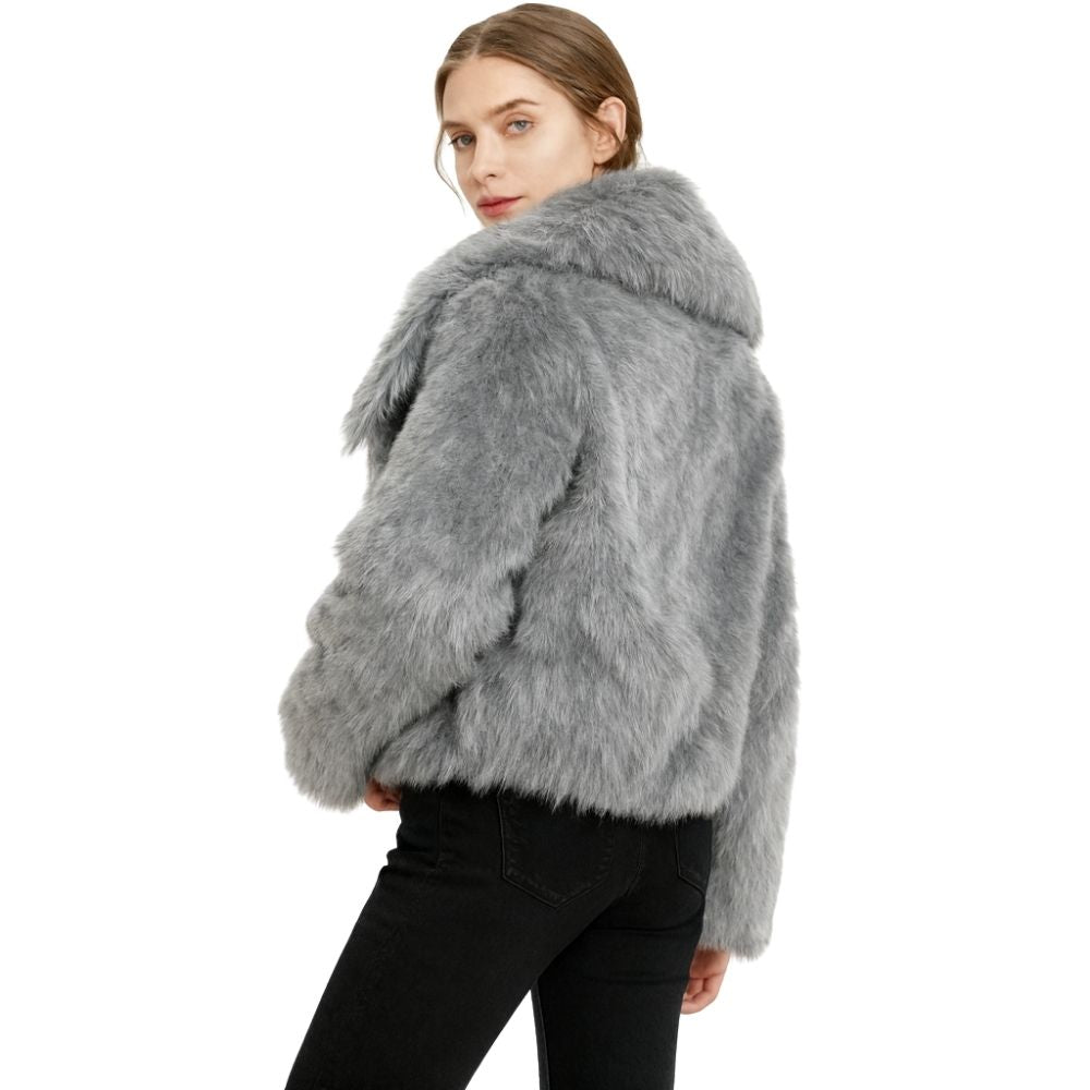 plush evening jacket", "vegan fur", "cruelty-free outerwear", "statement coat", "short fur jacket", and "glamorous winter style