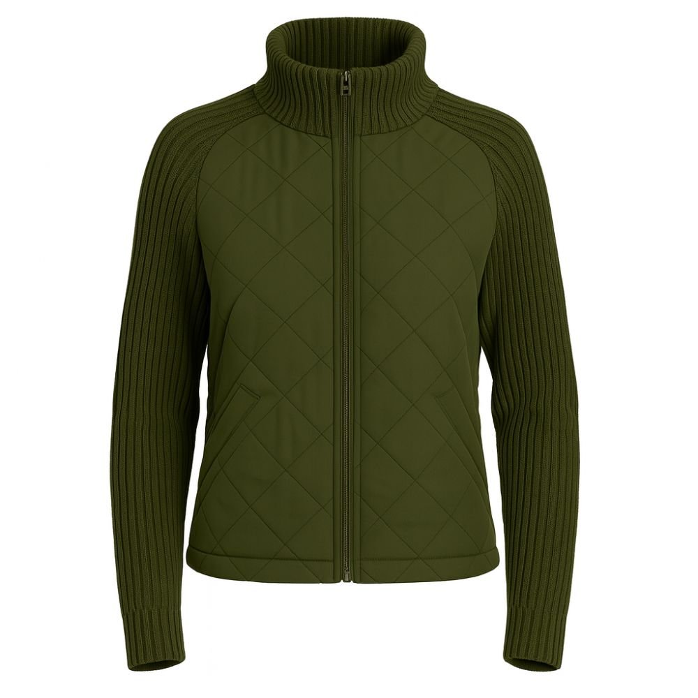 Ghost mannequin front view of the Kouvr Mika hybrid jacket showing knit sleeves and quilted body.