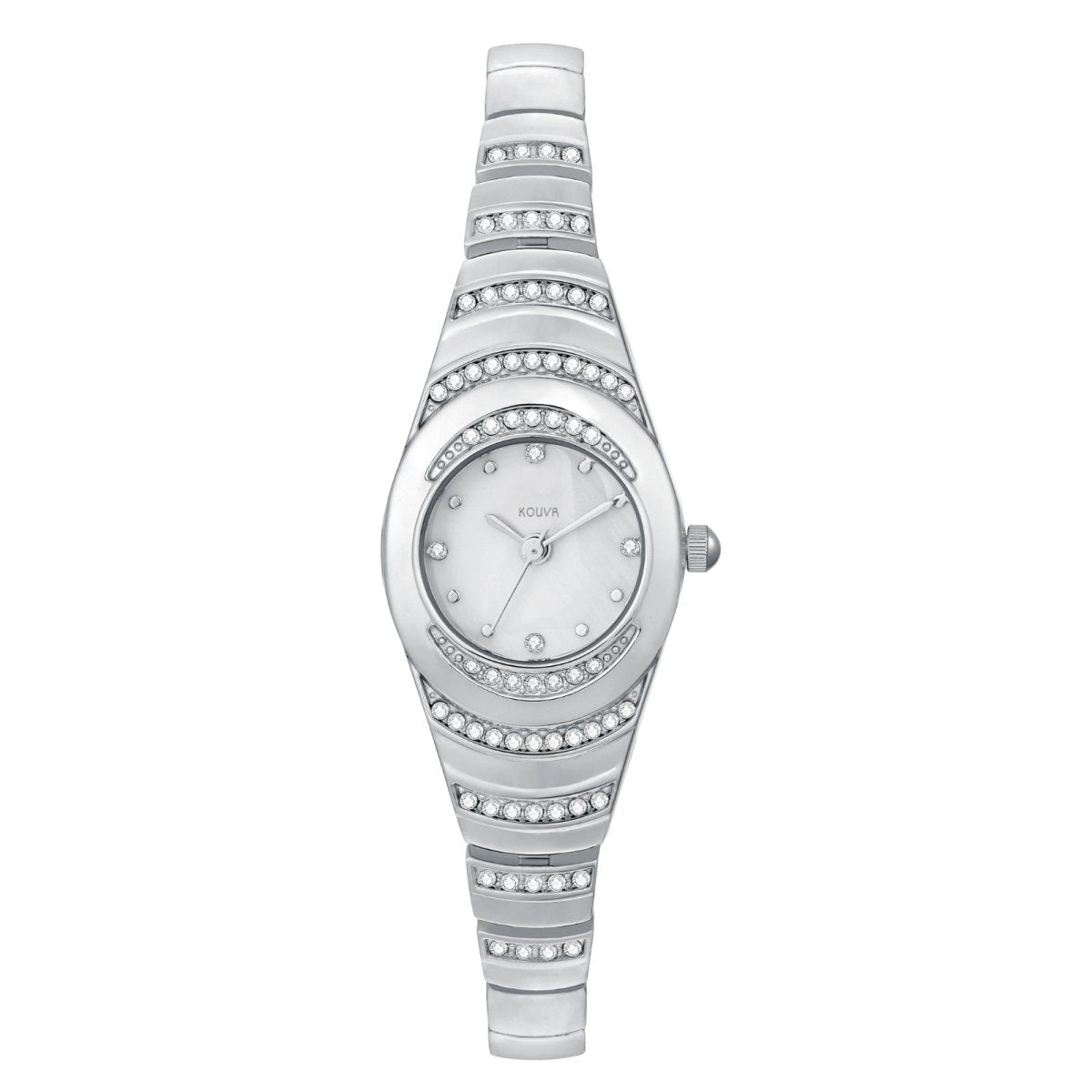 Silver kouvr watch with decorative band on a white background