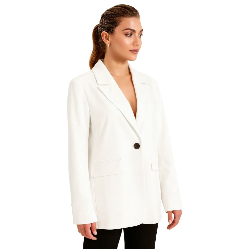 single-breasted suit jacket', 'chic workwear', 'blazer for jeans', 'notched lapel jacket', and 'modern professional style