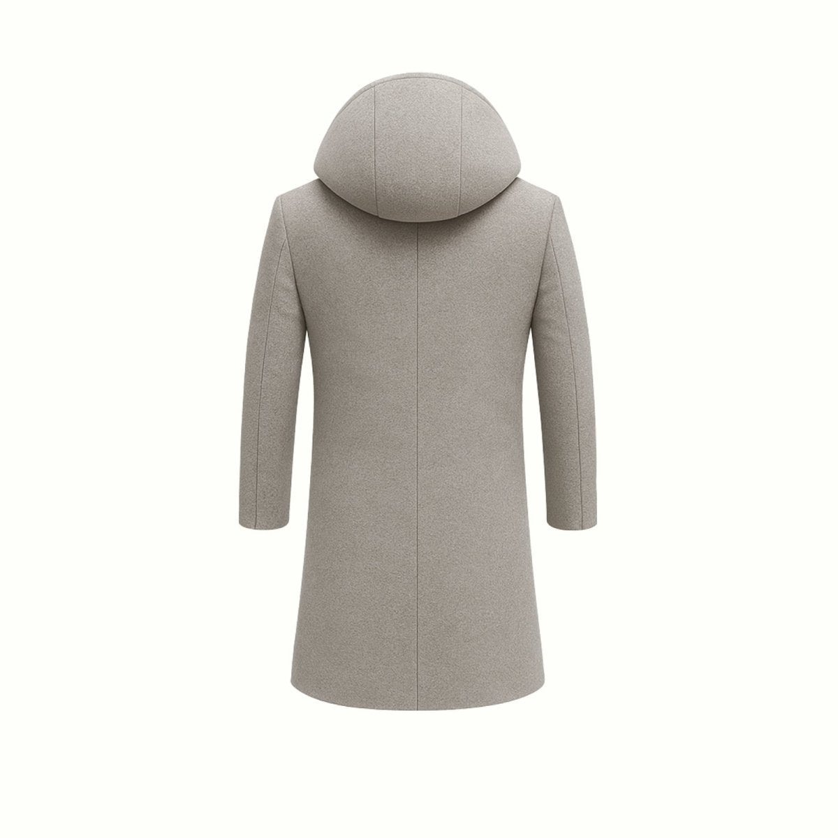 A close-up detail shot of the Kouvr Xander men's grey peacoat, focusing on the structured hood, lapel, and wool texture.