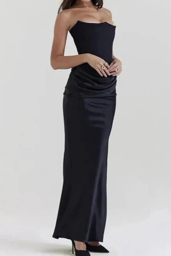 structured bodice," "sculpted silhouette," "draped waistline," "black tie attire," and "gala gown