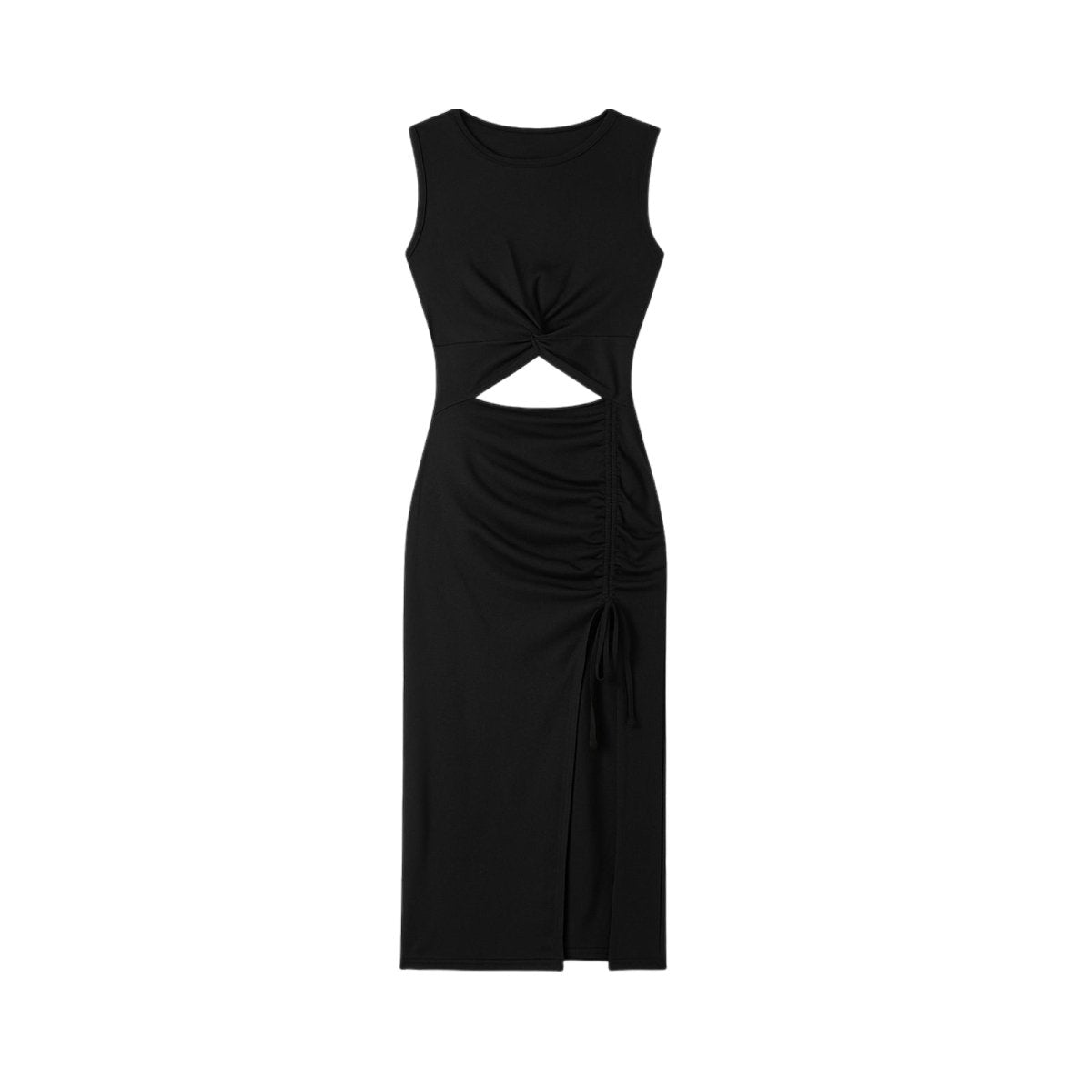 Black Kouvr dress with cut-out design on a white background