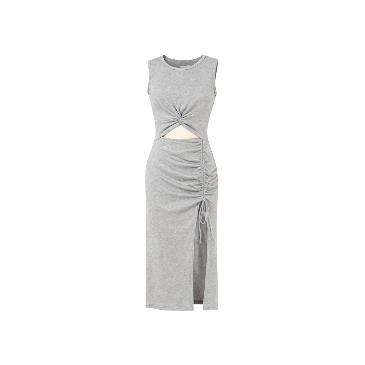 Grey Kouvr sleeveless dress with a front knot and slit on a white background