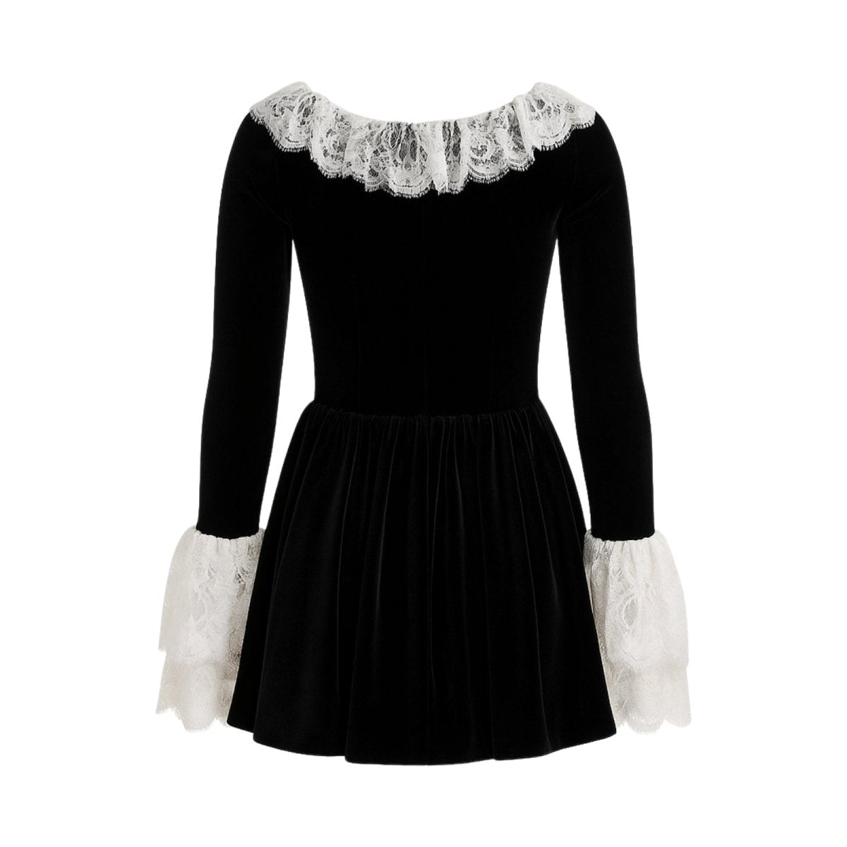 Close-up detail of the intricate white lace on the flared bell sleeve cuff of a black kouvr  velvet dress.