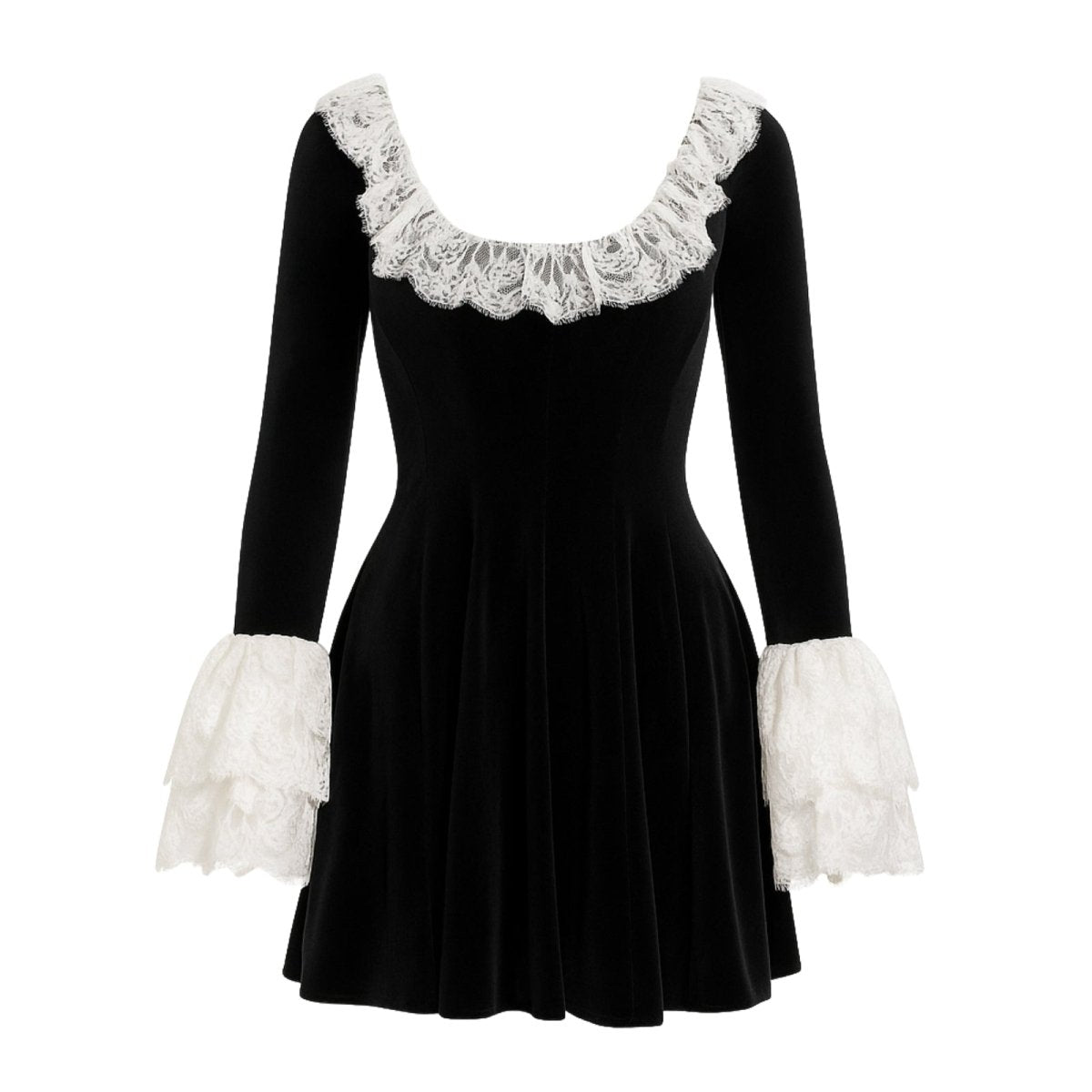 Kouvr Zinnia black velvet mini dress with white lace trim on the neckline and bell sleeves.
