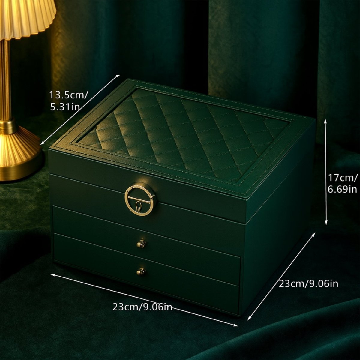 Dimensions diagram of the green jewelry box showing length 23cm, width 17cm, and height 13.5cm.