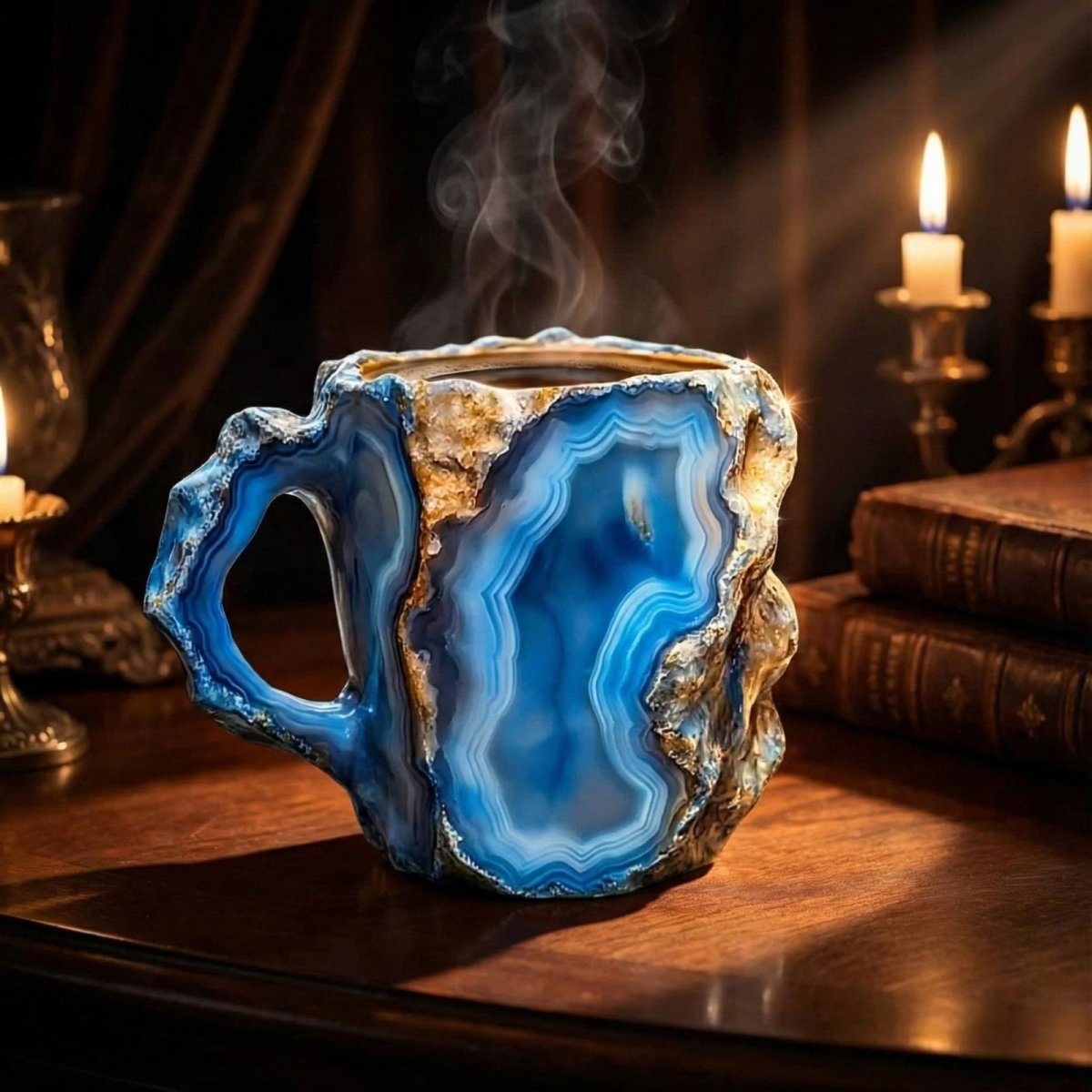 A luxury blue agate geode mug filled with a steaming drink on a dark wood table, surrounded by old books and lit candles, creating a cozy, sophisticated atmosphere.