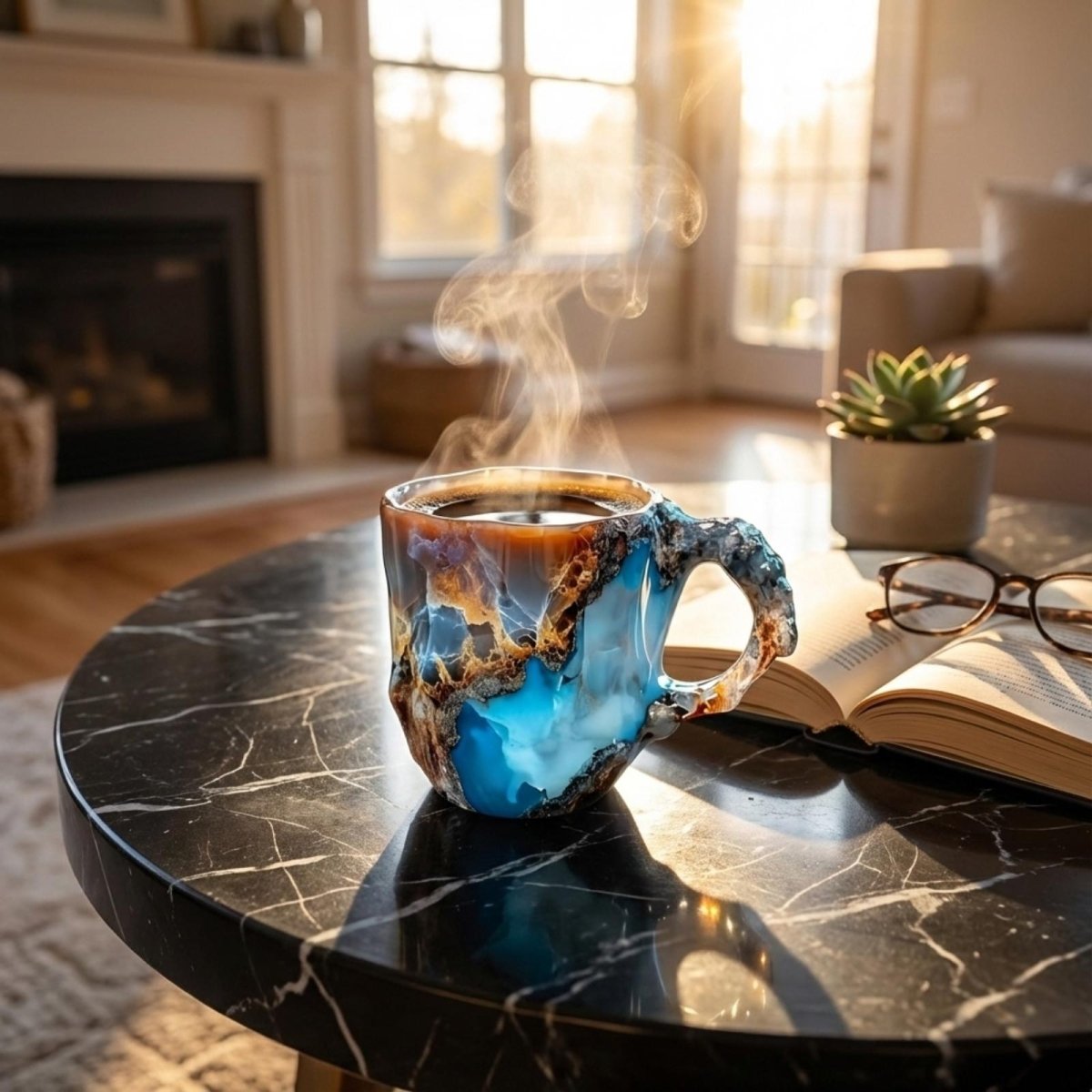 A blue and brown Kouvr geode coffee mug steaming on a coffee table next to an open book and glasses in a sunlit living room.
