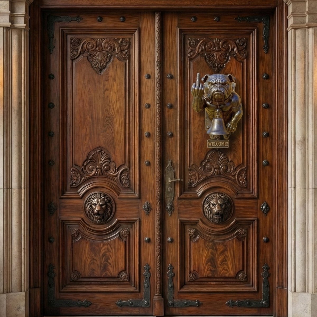 A wide view of the Kouvr Rebellious Bulldog door knocker installed on one side of a grand, dark wood double door entryway.