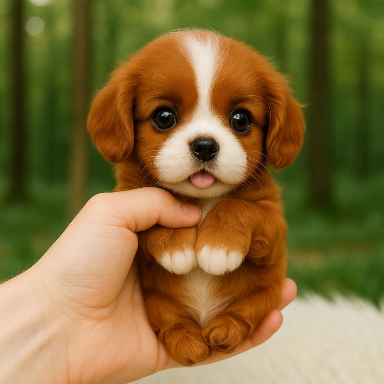 A small, lifelike electronic Cavalier King Charles Spaniel puppy toy perched on a person's hand with a blurred forest background.