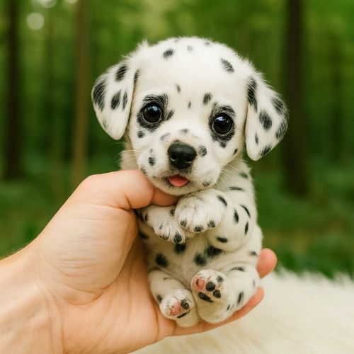A hand gently cradling the small, lifelike robot Dalmatian puppy in a natural setting, emphasizing its compact travel-friendly size and adorable "real-feel" design.