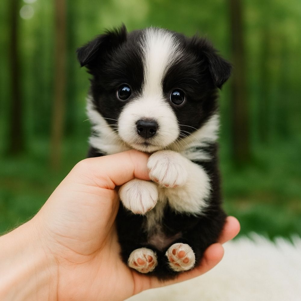 Small teacup-sized robot puppy sitting in the palm of a hand, showing paws and soft plush fur texture.