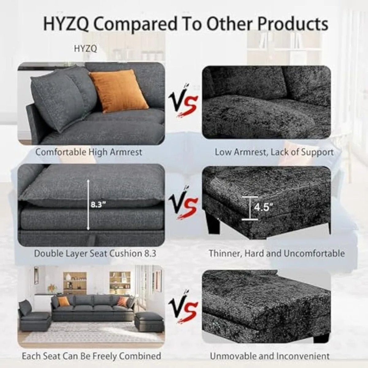Comparison of HYZQ sofa with other products highlighting features like armrest height, cushion thickness, and seat arrangement.