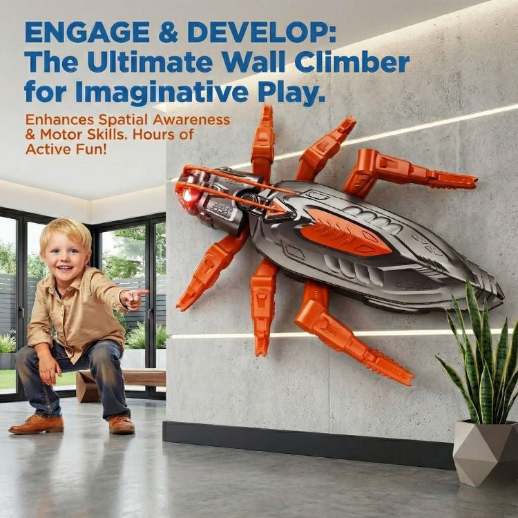 A young boy pointing at a large, orange and black remote control wall climbing insect toy on the wall of a modern home.