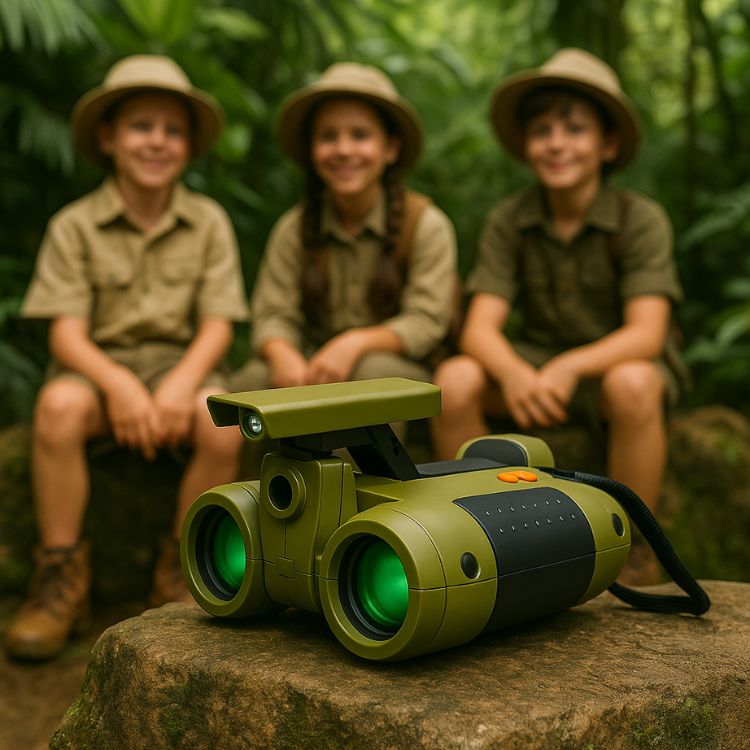 Rugged kids adventure binoculars sitting on a forest trail, glowing green in low light, perfect for camping, hiking, and outdoor nature exploration.