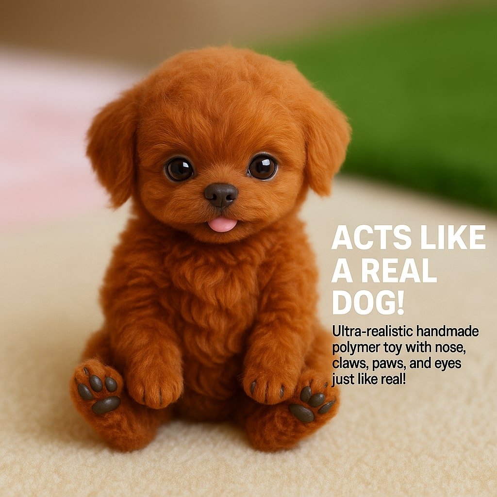 A realistic brown toy poodle that behaves like a real dog, with details about its hand-carved polymer nose, claws, legs, and eyes.

