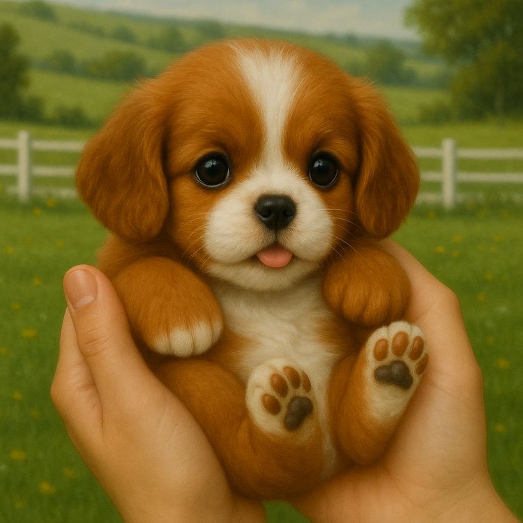 A close-up view of a realistic Cavalier King Charles Spaniel robot puppy being held gently in two hands, showing its soft plush fur and lifelike eyes.
