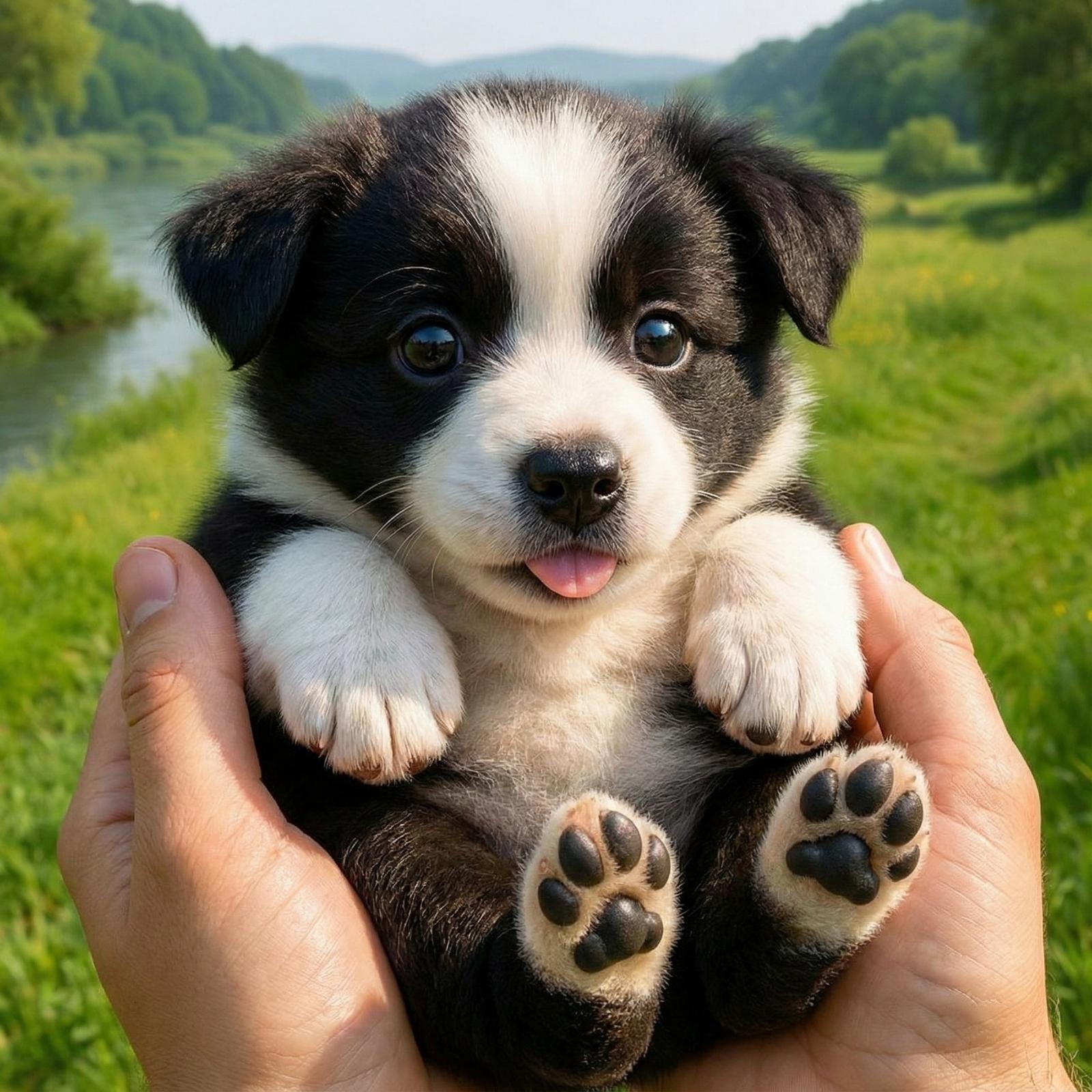 Close up of realistic robot border collie puppy toy in hands, showing lifelike glass eyes, wet-look nose, and pink tongue details.