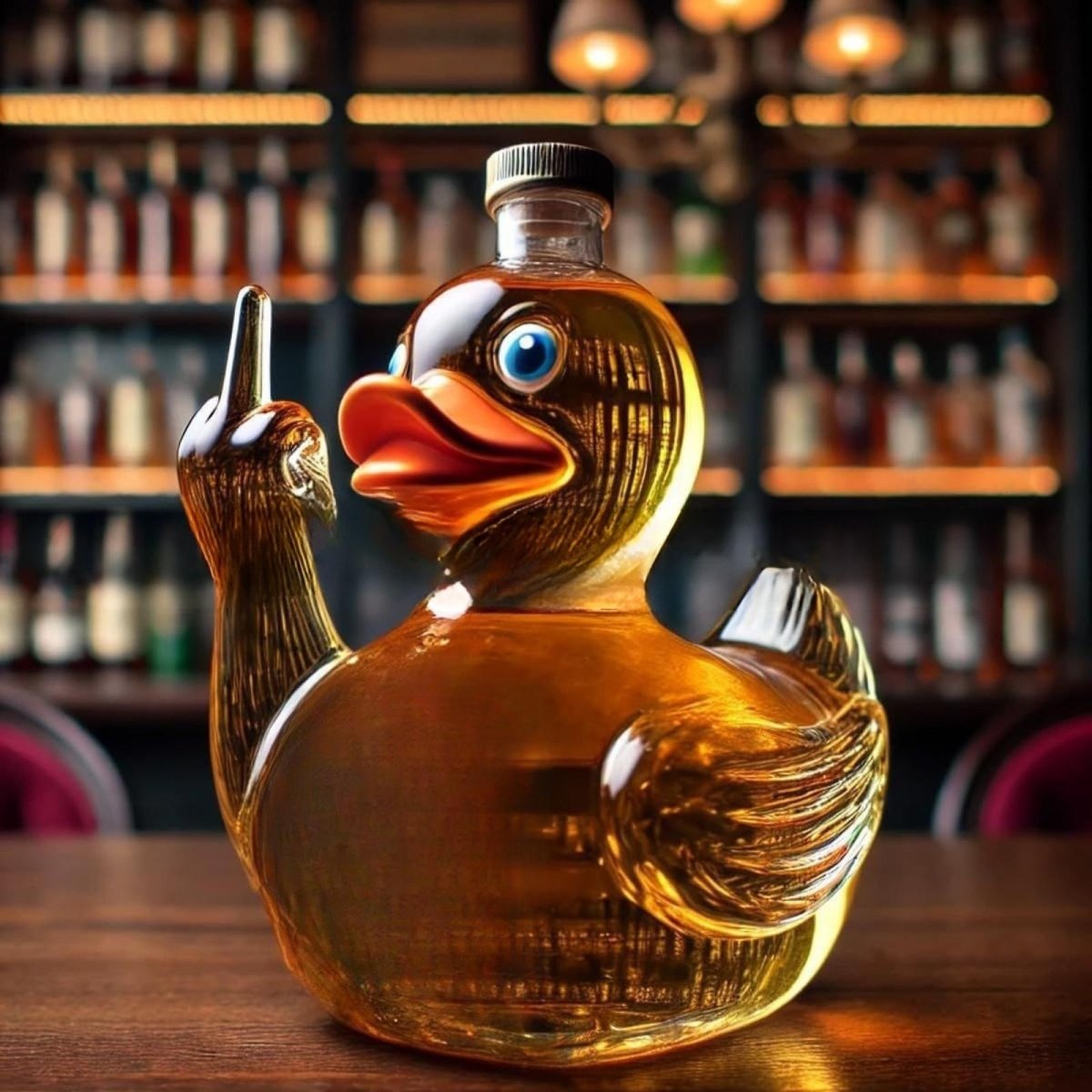The Rebel Duck Whiskey Decanter by Kouvr, a glass duck-shaped decanter giving the middle finger, sitting on a wooden bar with a blurred shelf of liquor bottles in the background.