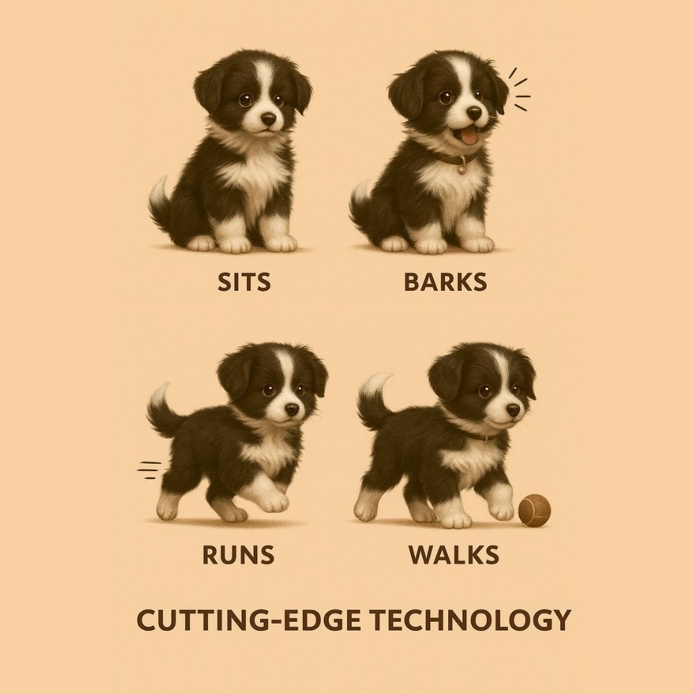 Illustration showing the four functions of the interactive robot dog: Sits, Barks, Runs, and Walks, labeled as cutting-edge technology.