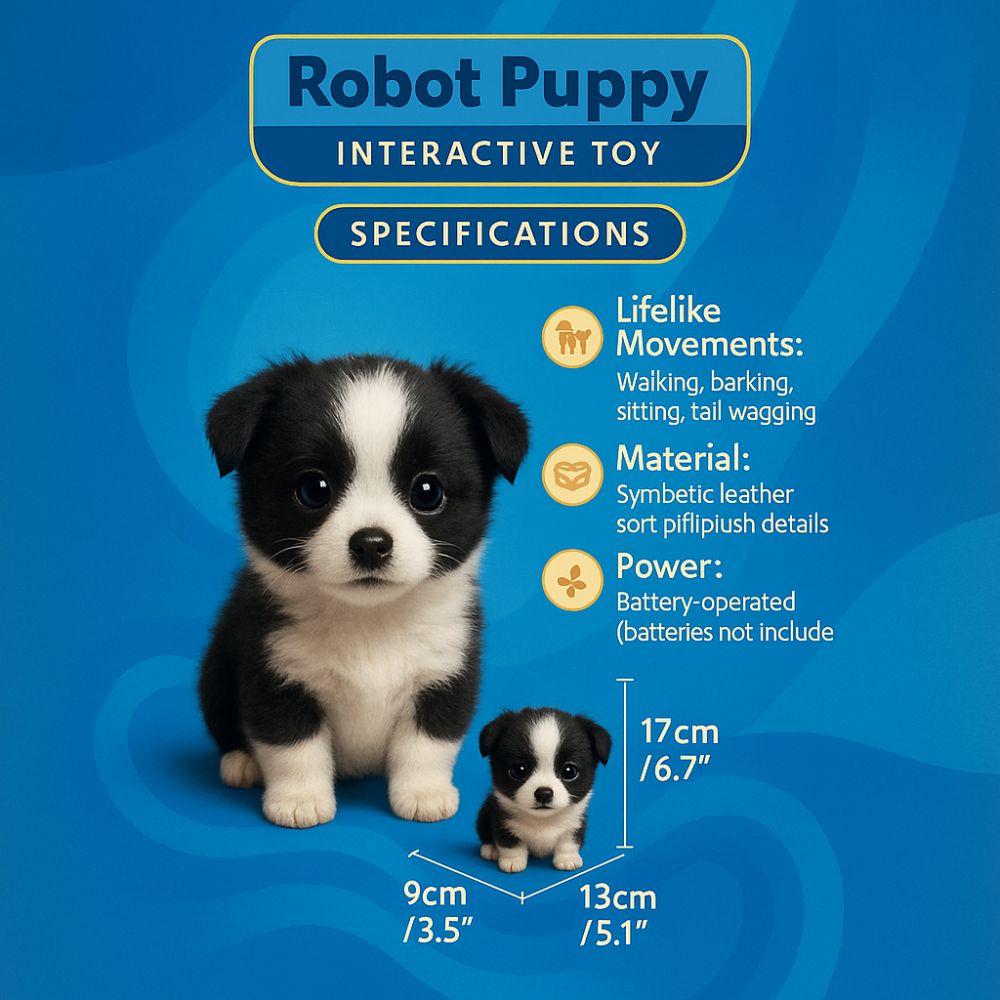 Technical specifications of Kouvr robot puppy toy showing dimensions 17cm height by 13cm length, listing features like walking, barking, and synthetic leather materials.
