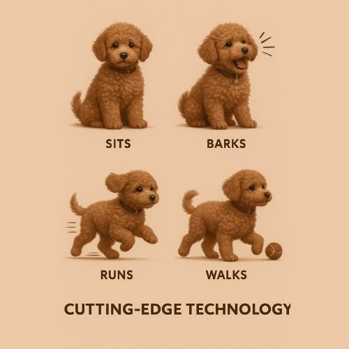 Infographic showing the cutting-edge technology of the robot puppy, illustrating it can sit, bark, run, and walk.
