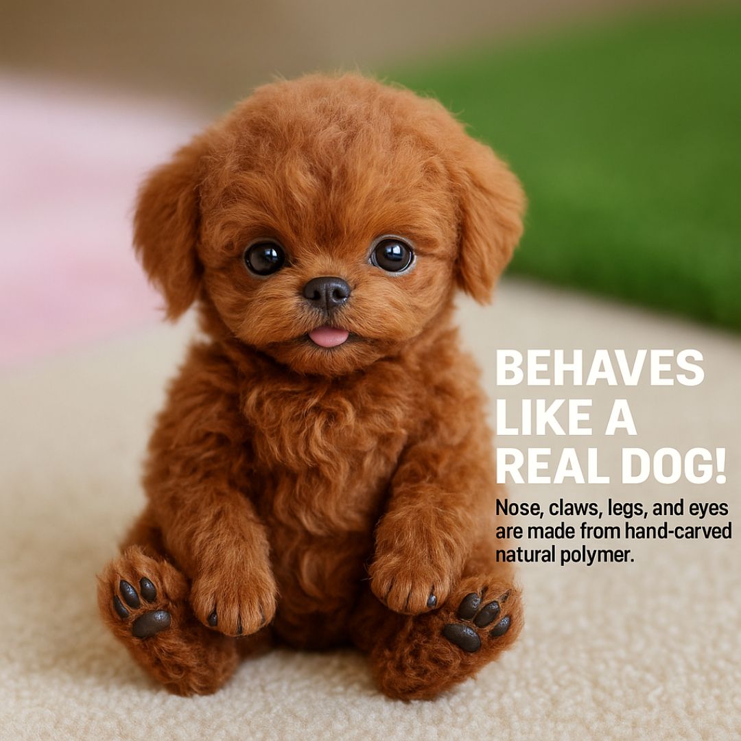  A brown interactive robot puppy toy sitting, with text highlighting that it behaves like a real dog with hand-carved polymer parts.