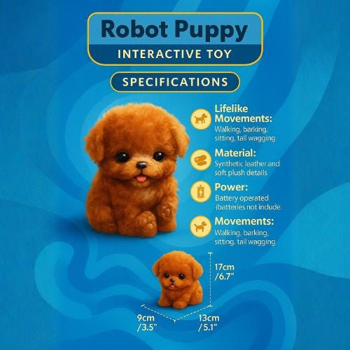 Specifications chart for the Robot Puppy interactive toy showing its dimensions and features like lifelike movements.