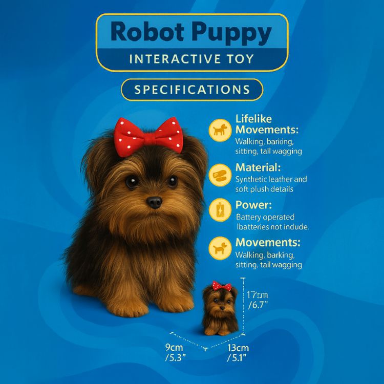 Product specifications for interactive robot puppy showing dimensions (17cm tall), battery requirements, and functions like walking, barking, and tail wagging.