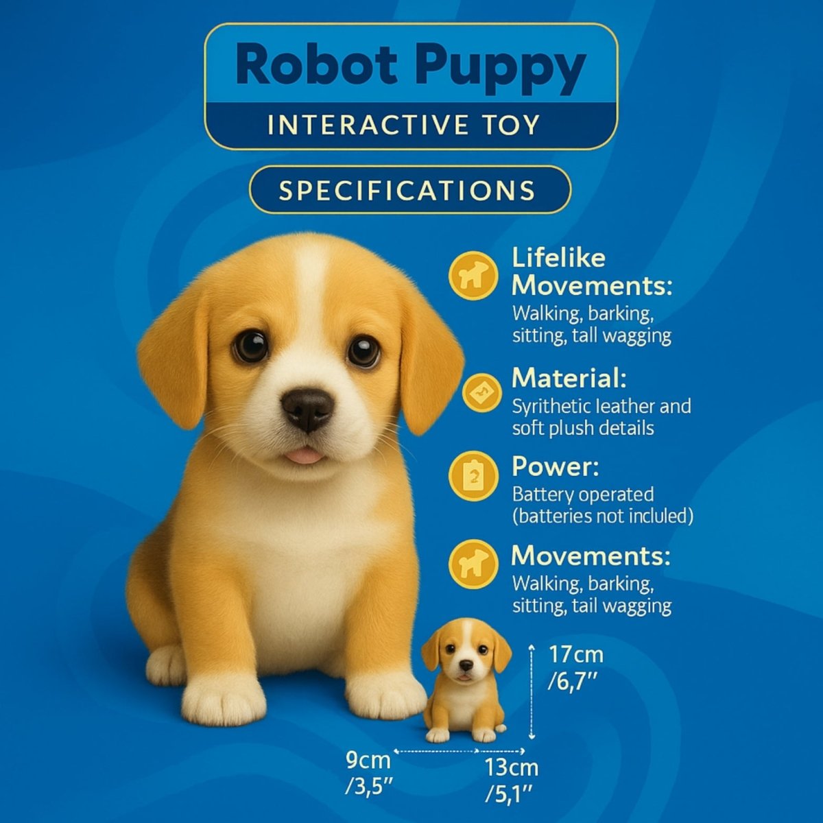 Product specifications infographic for Robot Puppy Interactive Toy, detailing lifelike movements, synthetic leather material, battery power, and size dimensions (17cm tall).