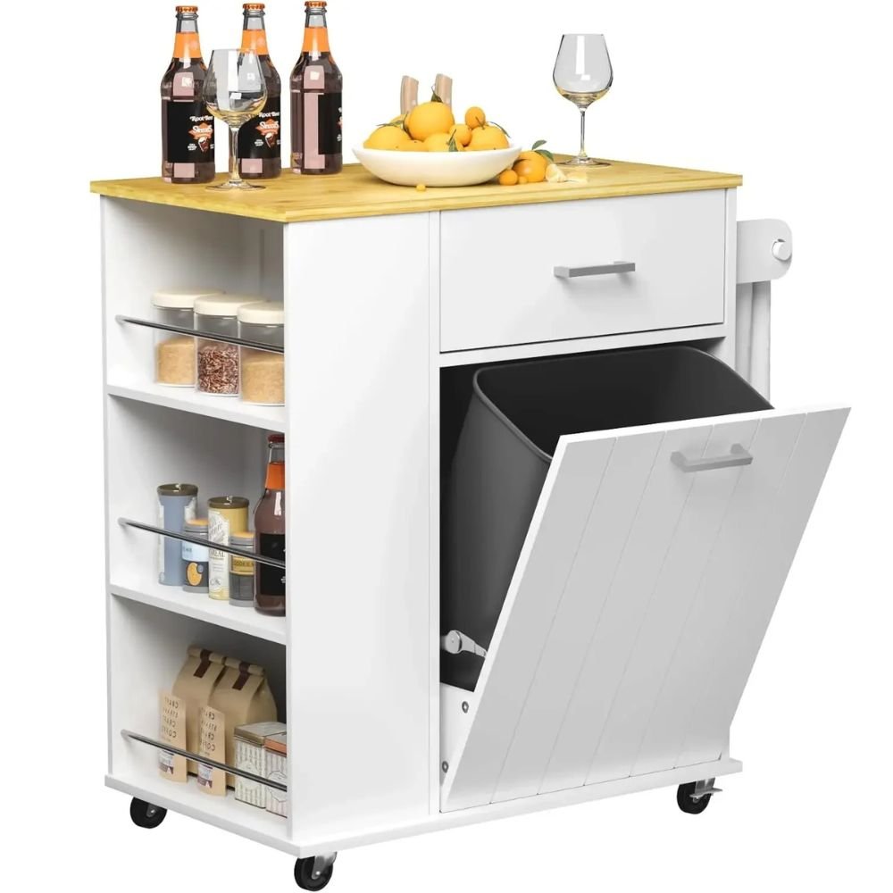 Black and White kitchen cart with open trash bin next to three open storage shelve