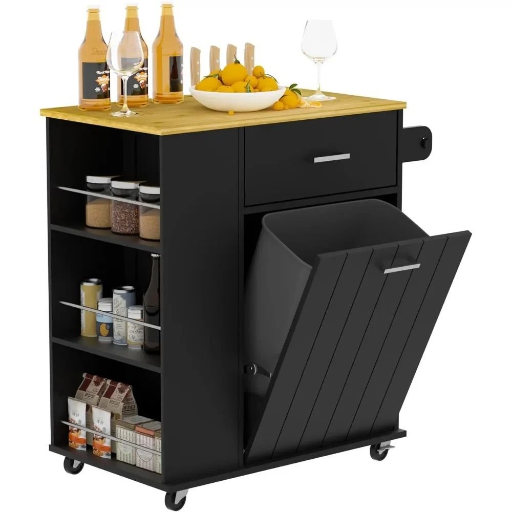 Black and White kitchen cart with open trash bin next to three open storage shelve