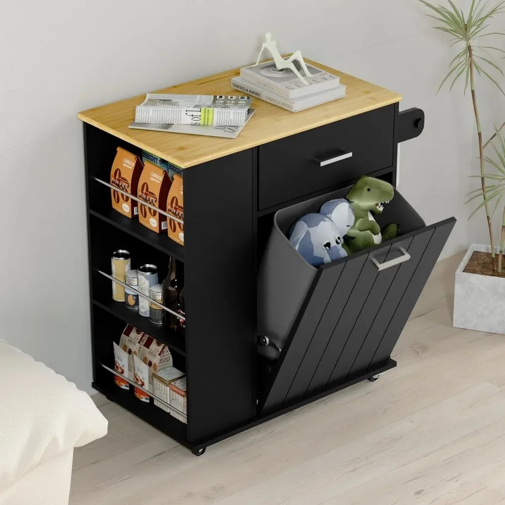 Black and White kitchen cart with open trash bin next to three open storage shelves
