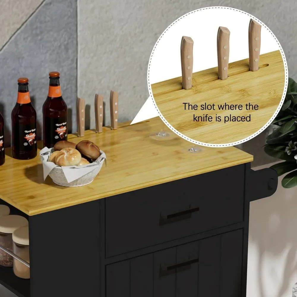 Black and White kitchen cart with open trash bin next to three open storage shelves