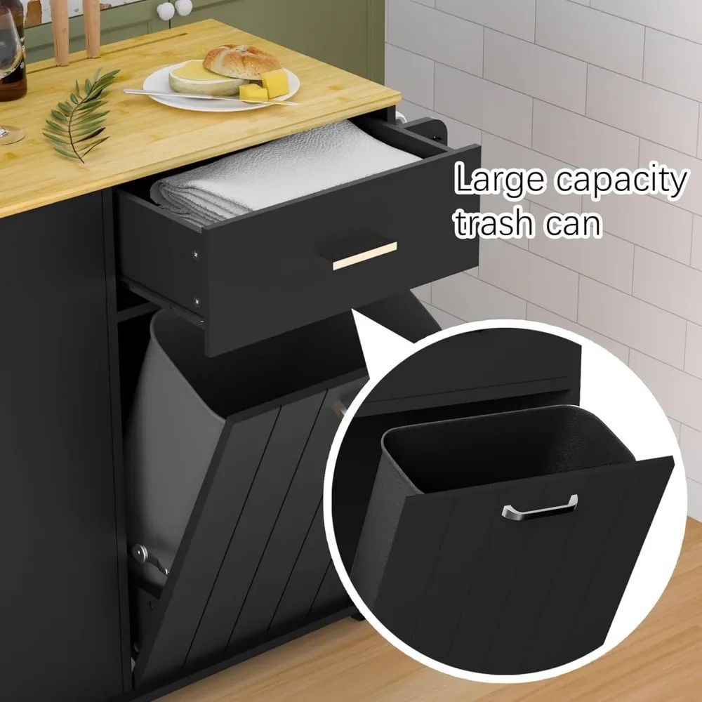 Black and White kitchen cart with open trash bin next to three open storage shelves