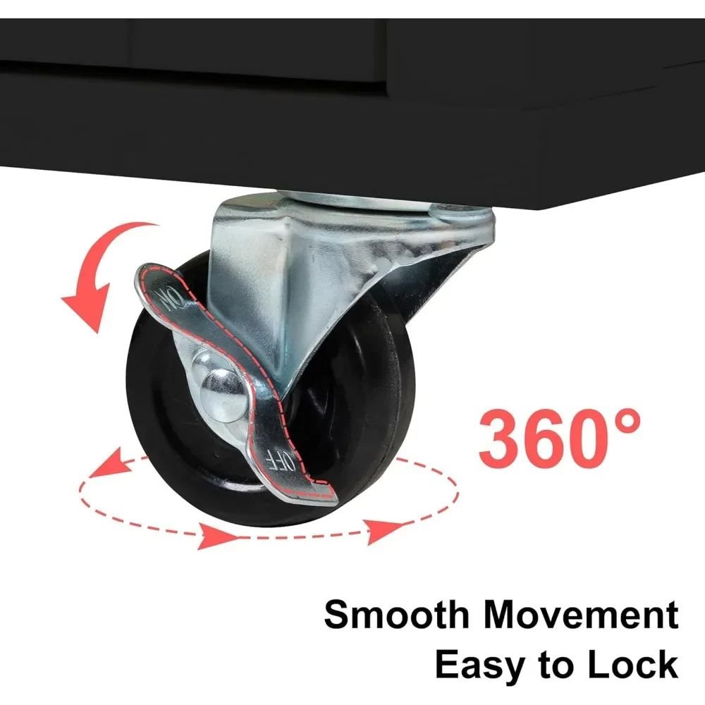 Black and White kitchen cart with open trash bin next to three open storage shelves