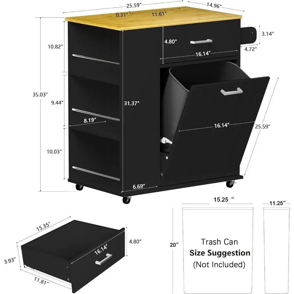 Black and White kitchen cart with open trash bin next to three open storage shelves
